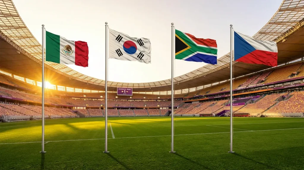 A grupas komandu karogi ar Estadio Azteca fonu