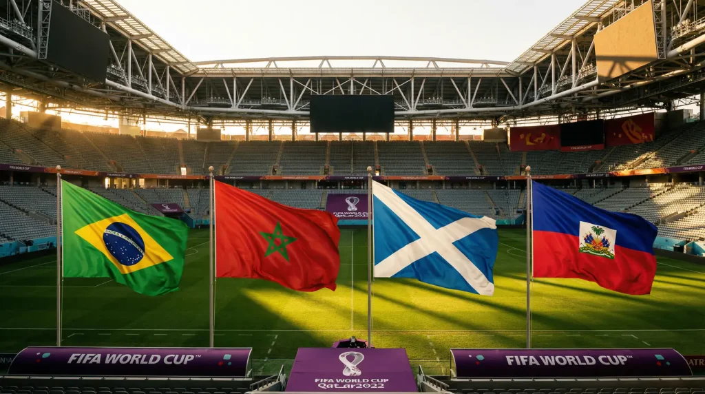 C grupas komandu karogi — Brazīlija, Maroka, Skotija un Haiti Pasaules kausa 2026 turnīrā