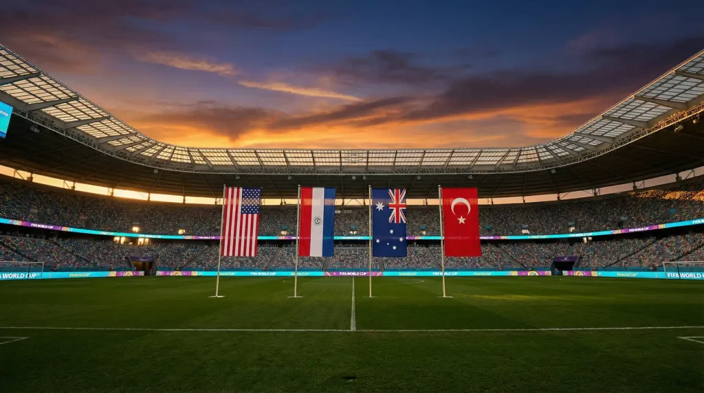 D grupas komandu karogi — ASV, Paragvaja, Austrālija un Turcija Pasaules kausa 2026 turnīrā