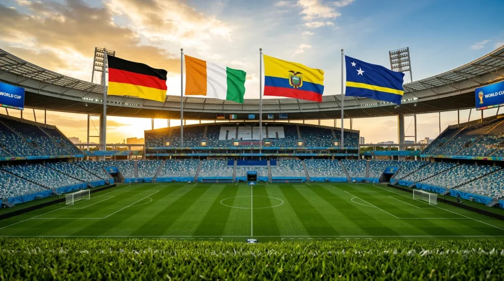 E grupas komandu karogi — Vācija, Kotdivuāra, Ekvadora un Kirasao Pasaules kausa 2026 turnīrā