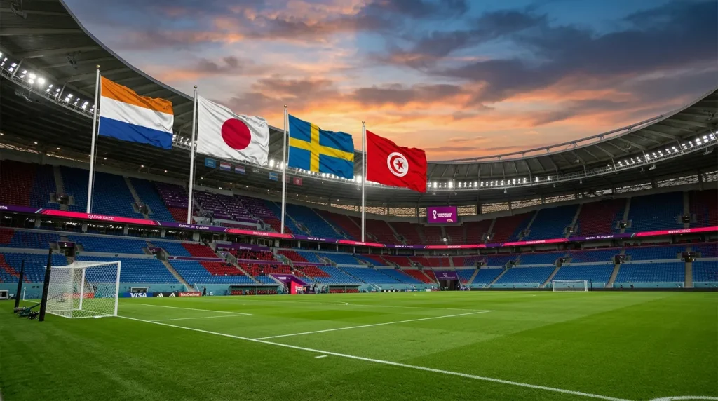 F grupas komandu karogi ar futbola laukuma fonu