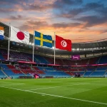F grupas komandu karogi ar futbola laukuma fonu