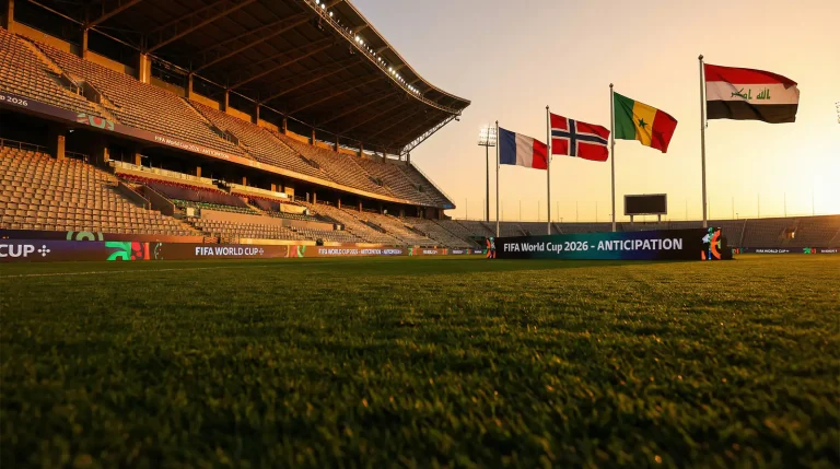 I grupas dalībnieku karogi un stadiona fons ar Pasaules kausa 2026 simboliku