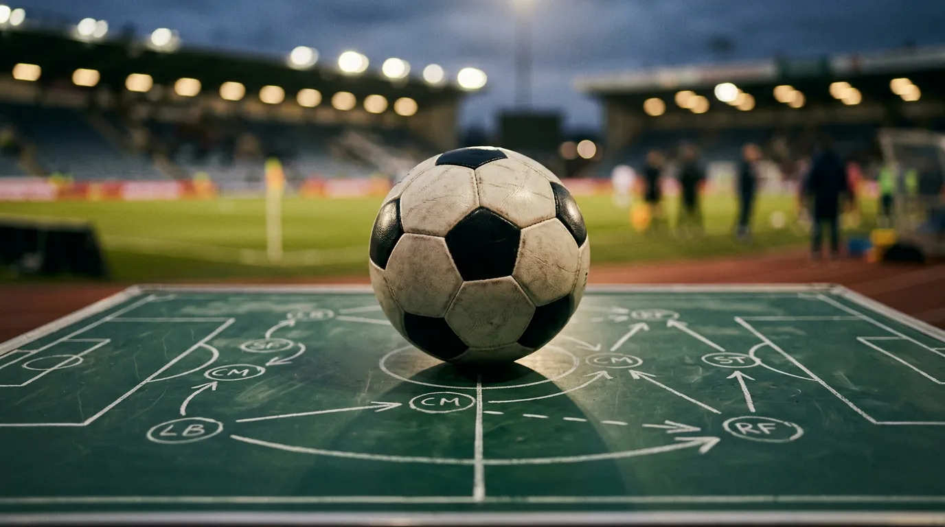 Taktikas dēlis ar bumbu stadiona gaismā — spēka analīze pirms mača